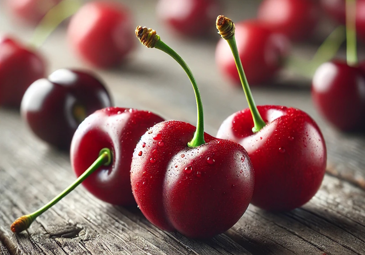 kirschen Frische, rote Kirschen mit Tropfen auf einem Holzuntergrund.