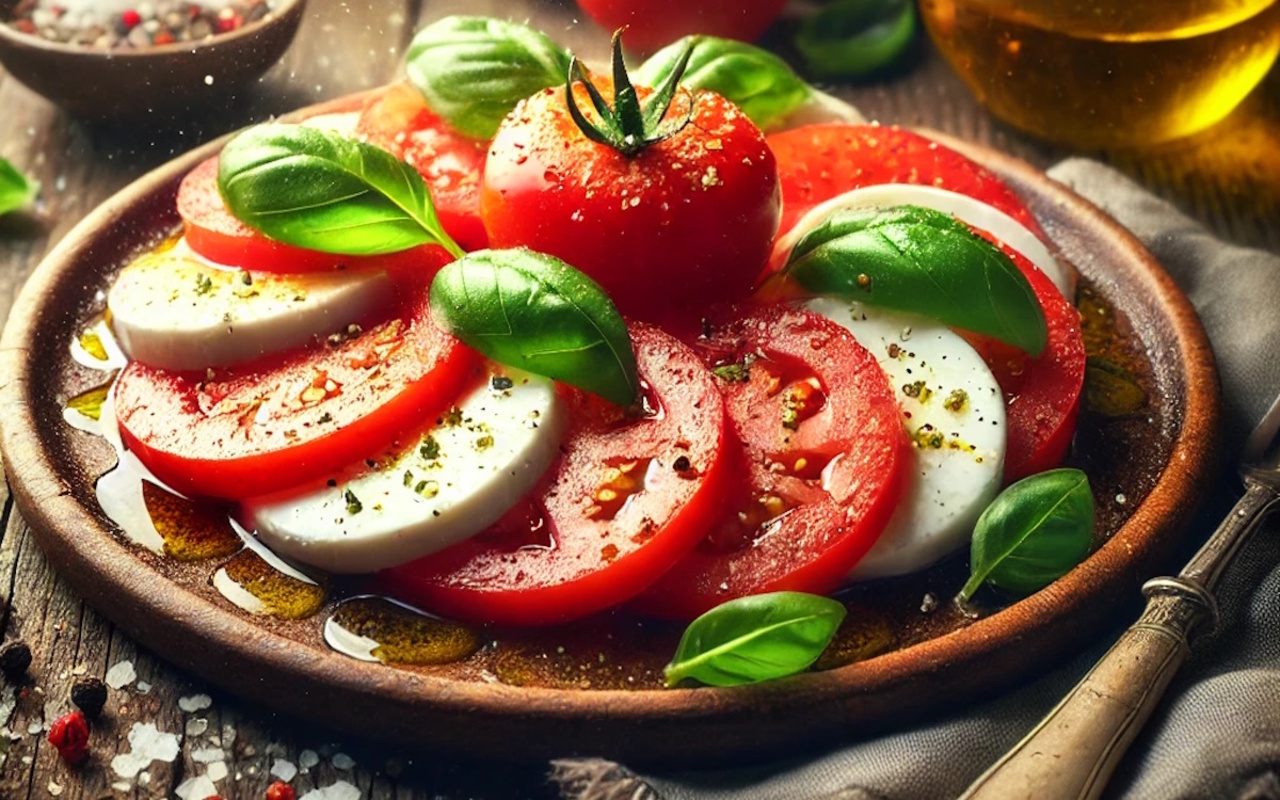tomaten(1) Tomaten und Mozzarella mit Basilikumblättern, gewürzt mit Pfeffer und Öl auf einem Holztablett.
