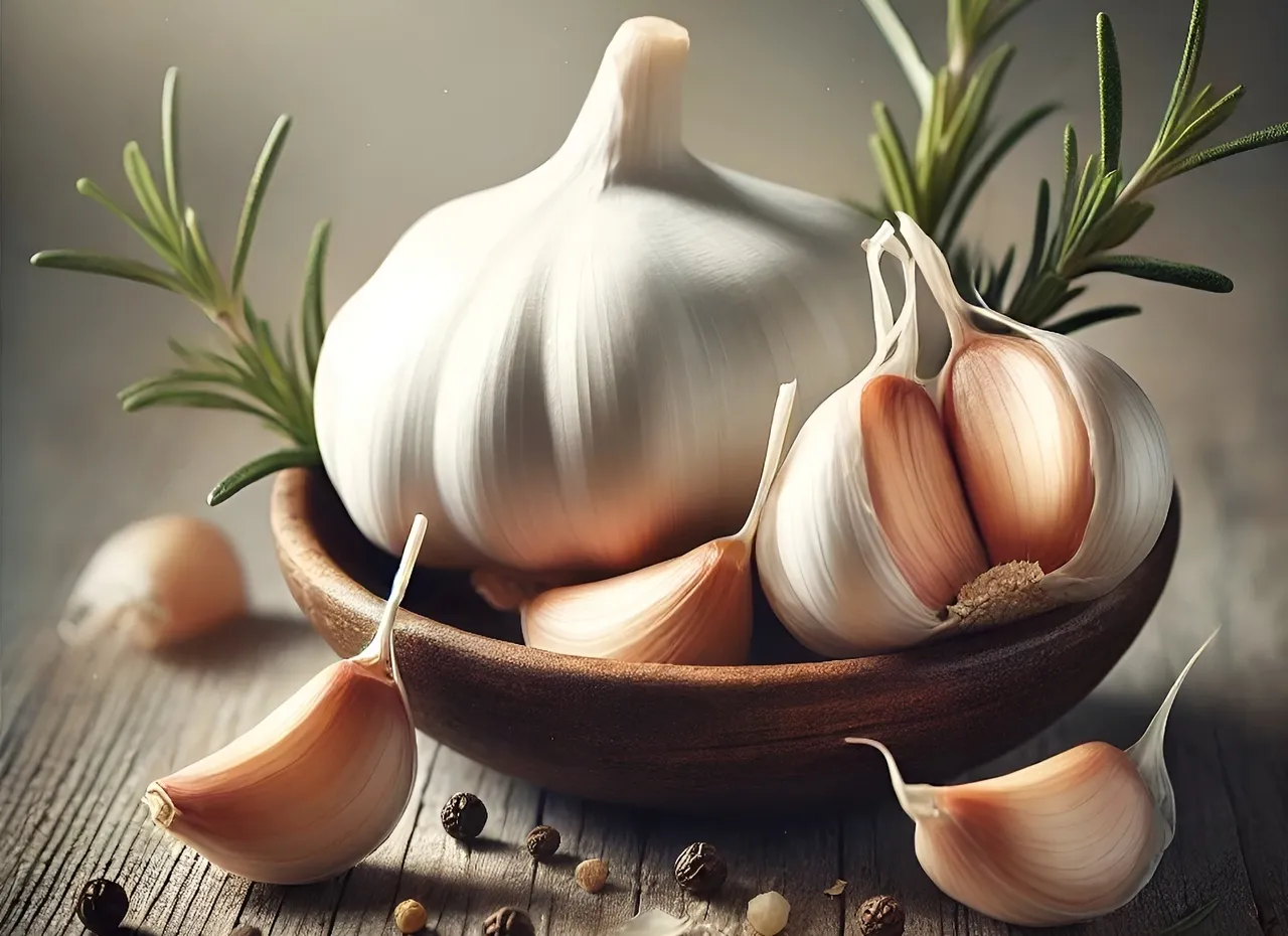 knoblauch Frischer Knoblauch in einer Holzschale mit Pfefferkörnern und Rosmarin angerichtet.